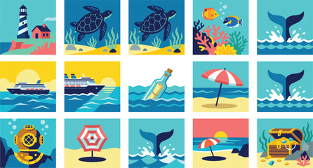 Fototapeta premium Ocean Marine Life and Summer Beach Vacation Square App Interface Flat Vector Icon Set