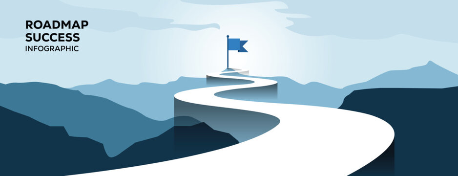 Mountain roadmap path to success with winding route and flag for business growth and strategic planning. Roadmap success Infographic.