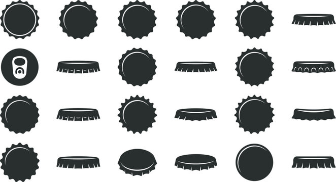 Metal Crown Cap Bottle Lid and Soda Drink Ring Pull Tab Silhouette Vector Icon Set