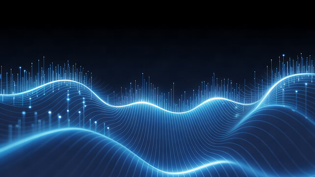 Blue digital wave background with flowing data streams and abstract light patterns, perfect tech template featuring modern AI network visualization with right-side copy space. 
