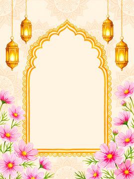 Watercolor Islamic golden arch frame with lanterns and pink cosmos flowers, blank copy space
