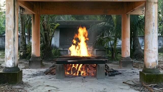 Wide view of a Hindu Antyesti cremation ground with a small funeral pyre burning on stacked wooden logs between tall concrete pillars, orange flames and thin smoke rising against