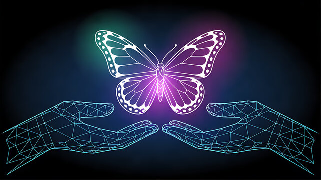 Digital butterfly emerges from open hands in low-poly wireframe style. Digital transformation concept with glowing holographic effect and futuristic neon accents. AI innovation. Vector illustration 