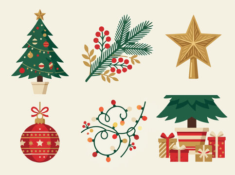 Christmas Tree Set with Colorful Ornaments, Stars and Gifts for Festive Holiday Celebration, Winter Season, Christmas and New Year Decoration Vector Illustration