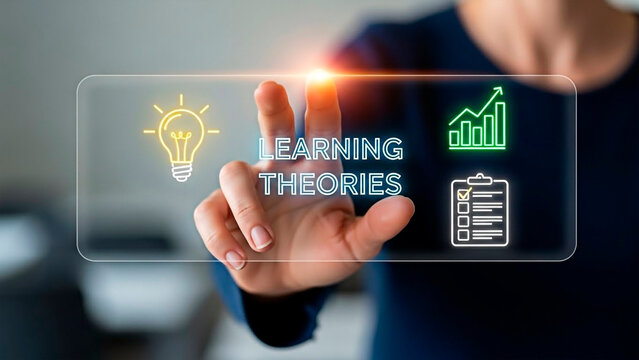 A person interacting with a learning theories interface for the concept of education and knowledge.