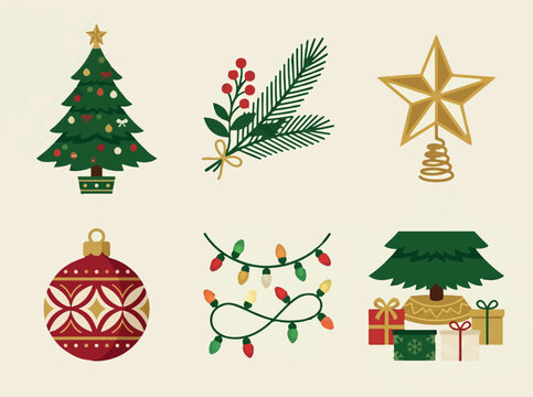 Christmas Tree Set with Festive Decorations, Stars, Ornaments and Gifts for Winter Holiday Celebration, New Year Design, Seasonal Greeting Cards and Christmas Vector Illustration