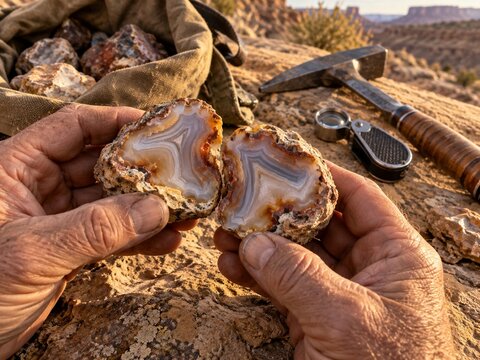 Hands holding a freshly cracked agate nodule in the desert