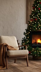 Obraz premium Cozy armchair with knitted blanket beside glowing Christmas tree and fireplace