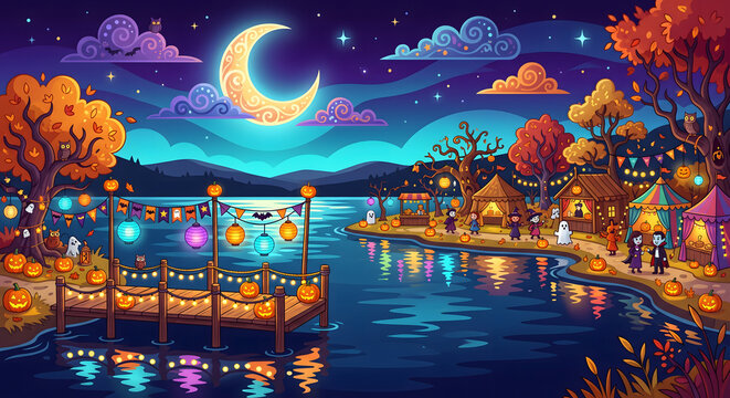 Festive halloween night scene with floating lanterns and illuminated pumpkins