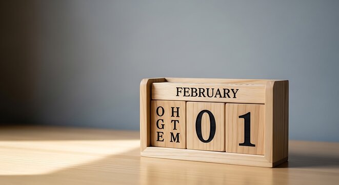 Wooden block calendar showing february first date