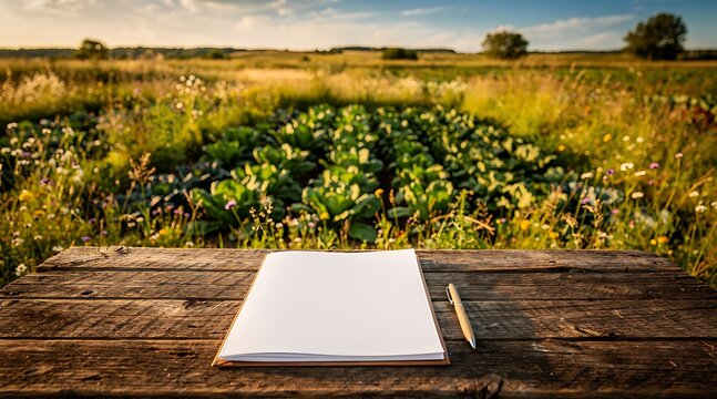 Blank paper notepad and pen on a rustic wooden table in a flourishing vegetable garden during a golden sunset, perfect for agricultural planning, rural lifestyle journaling, and organic farming.
