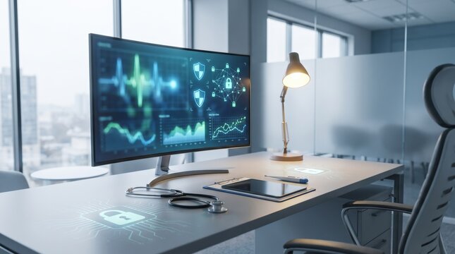 Modern medical office with curved computer monitor displaying health data and a stethoscope on desk