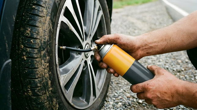 Mechanic Inflating Flat Car Tire with Emergency Aerosol Inflator Spray Can | Close Up of Hands Connecting Tire Repair Sealant Spray to Car Wheel Valve | Emergency Flat Tire Repair Kit Application on V