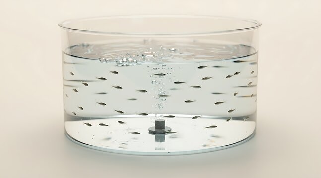 School of small zebrafish larvae swimming in a transparent glass tank with oxygen air bubbles in a laboratory setting for biological research and scientific study concept