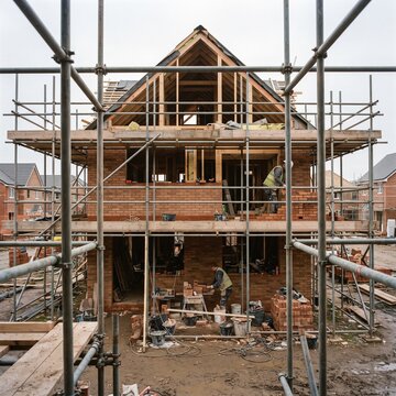 Unfinished Brick House with Scaffolding Under Overcast Sky