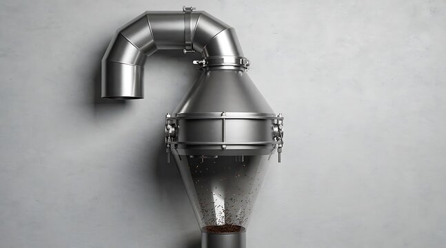 Industrial stainless steel cyclone separator and dust collector used in commercial coffee roasting process for filtering chaff and debris against a grey concrete wall background.