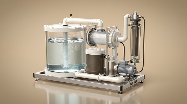 Industrial Water Purification System with Transparent Tanks and Advanced Filtration Components on a Metal Frame, 3D Illustration of Sustainable Liquid Processing Technology