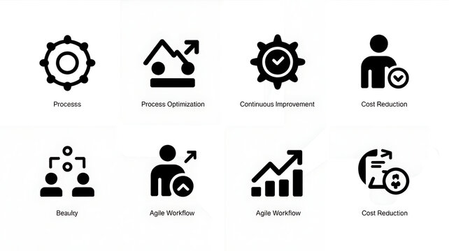 Process improvement and workflow solid icon set. Featuring process optimization, continuous improvement, agile workflow, and cost reduction. Vector icons for business operations and presentations. 