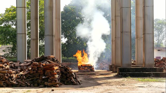Wide view of a Hindu Antyesti cremation ground with a small funeral pyre burning on stacked wooden logs between tall concrete pillars, orange flames and thin smoke rising against