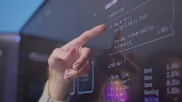 Software engineer check the dashboard information of coding systems and cyber security. Professional development verifying code writing with artificial intelligence. Data center programmer performance