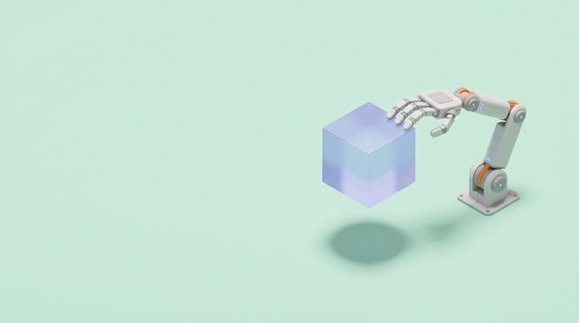 Robotic mechanical arm touching floating cube