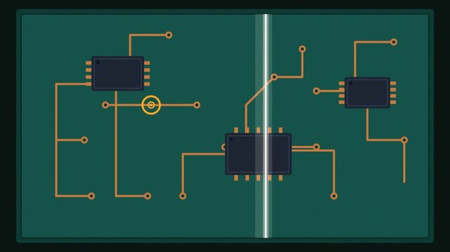 Automated optical inspection scan revealing defects on a green circuit board animation