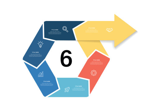 Cycle arrow venn diagram Infographic template background with 6 steps Icons for business presentation. 