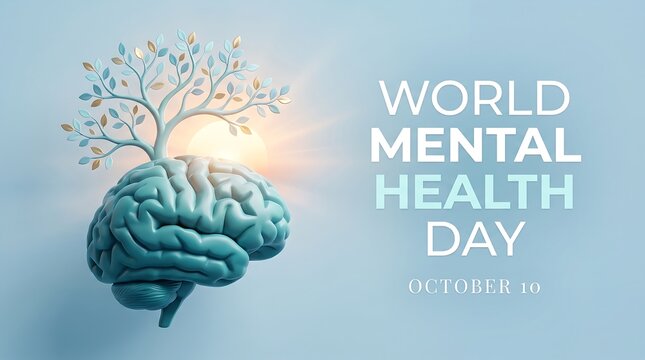World mental health day concept with a brain shaped like a tree and roots