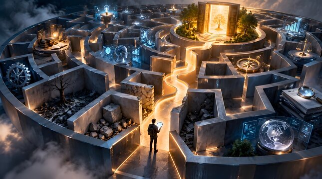 Businessman navigating complex futuristic glowing maze toward knowledge tree representing problem solving and business strategy