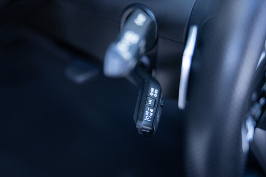 Riga, LATVIA - July 09, 2026: Close-up view of Audi e-tron steering wheel controls showing buttons for various functions and features in a modern vehicle interior