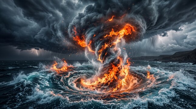 A fiery tornado spirals from stormy clouds, merging with tumultuous ocean waves, creating a dramatic scene