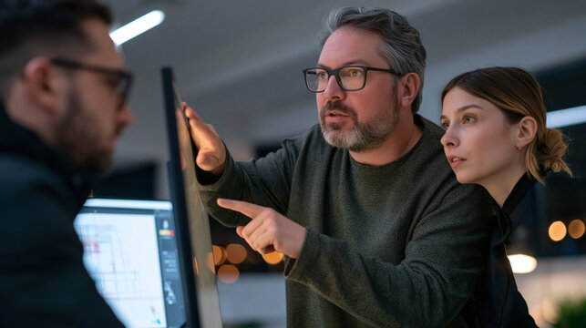 Colleague Collaboration: Two colleagues, one male and one female, focusedly analyze data on a computer screen, with a third person partially visible in the foreground, in a modern office setting.