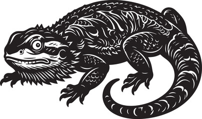 Fototapeta premium Detailed Black and White Engraved Illustration of a Lizard, resembling an Iguana or Monitor, with Spiky Scales