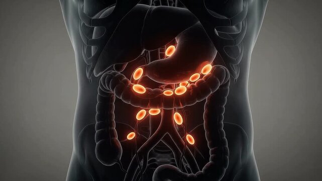 3D medical animation of the human abdominal cavity showing glowing mesenteric lymph nodes and digestive organs