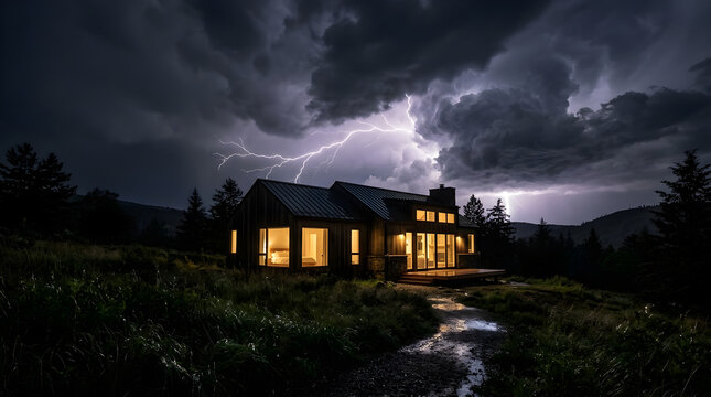 Modern house illuminated at night during a dramatic thunderstorm