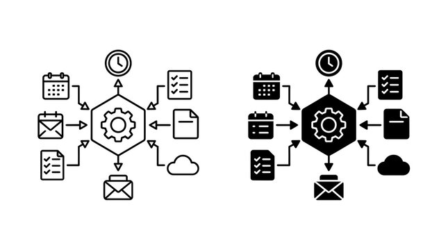 Productivity workflow management system icons isolated on transparent background