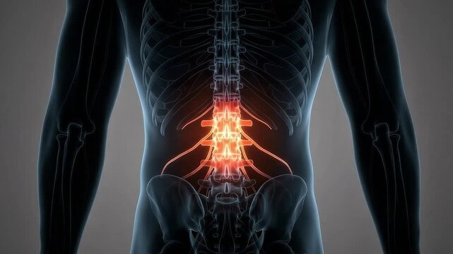 3D medical animation showing lower back pain with glowing orange highlights on the lumbar vertebrae and radiating nerves in a male body silhouette
