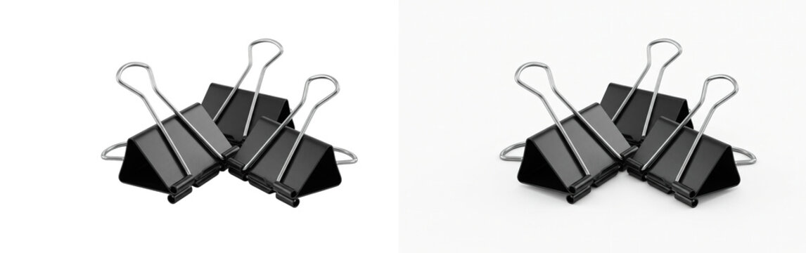 Black binder clips on white background, set of three metal paper clamps, professional office supplies for document organization, stationery tools