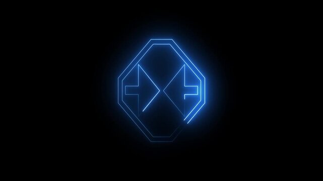 Blue color neon arrow collapse horizontal icon animation on black background.4k
