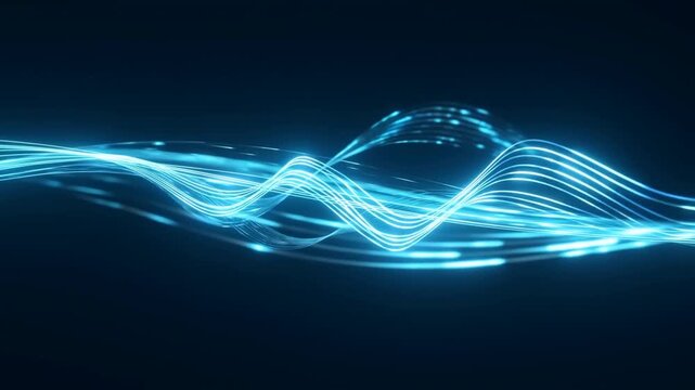 Luminous blue wave lines flowing and intersecting across a dark abstract digital background