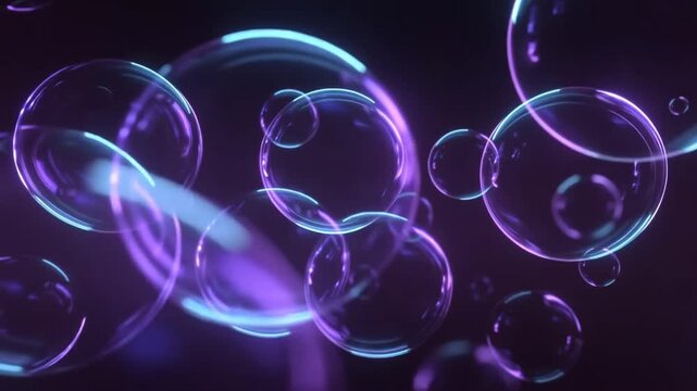 Transparent Bubbles Drift Through Purple and Cyan Neon Light Against a Dark Background