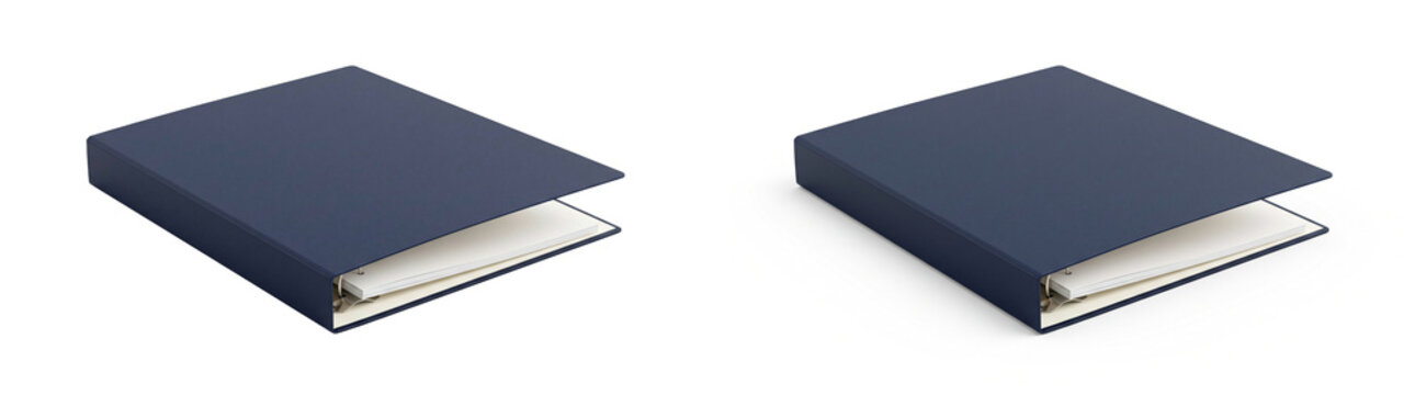 Dark blue ring binder set, professional office stationery folders on white background, minimalist hardcover portfolio mockups for branding