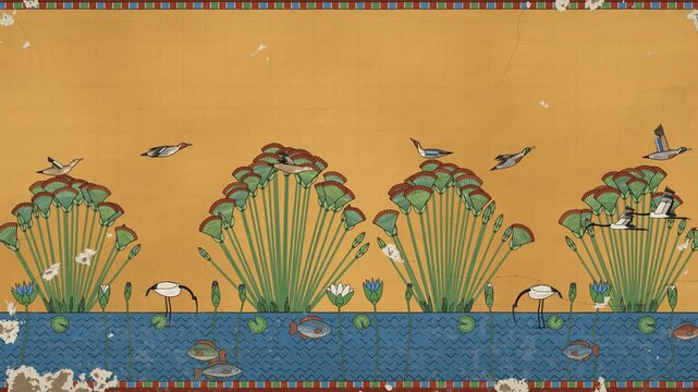 Ancient Egyptian tomb painting of a papyrus marsh on the Nile with flying ducks, ibises, fish and blooming lotus, animated seamless loop background
