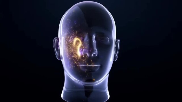 Translucent human head rotates from profile to frontal view with glowing particles inside the brain