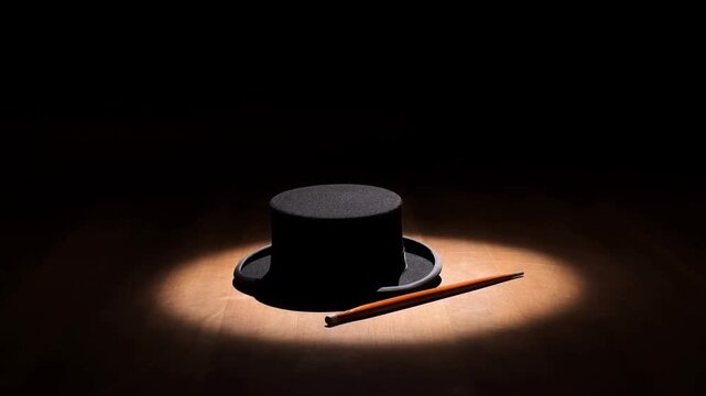 Black top hat and wooden cane resting on a stage under a warm spotlight