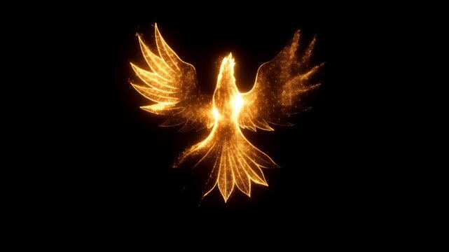 Golden Phoenix Forming from Glowing Particles in Flight Against a Black Background