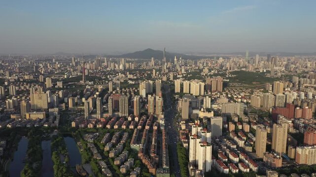 Aerial View of Jinan City Skyline with River and Parks in China in Jinan, Shandong, China