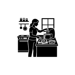 Fototapeta premium Woman cooking vegetables in air fryer on kitchen counter black silhouette vector illustration.