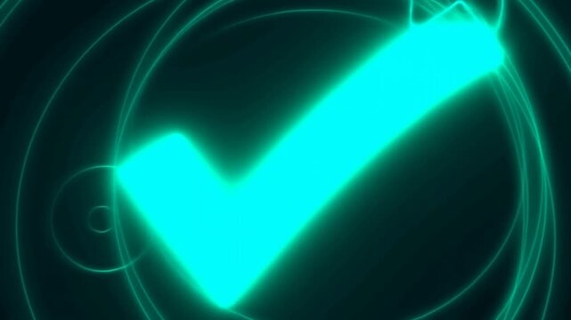 Glowing Turquoise Checkmark Brightens and Expands Amid Concentric Rings on a Dark Background