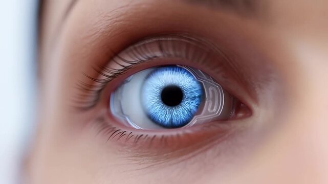 Close-up human eye shifts from gray-green to vivid blue with a glowing circuit pattern